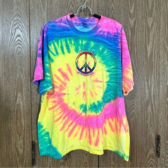 Myrtle Beach 2X Peace Sign Rainbow Tye Dye T-Shirt Short Sleeve Vacation Dolphin - Picture 1 of 7